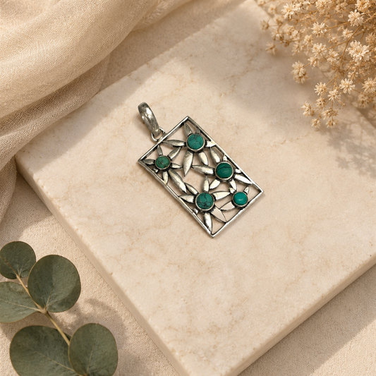 Turquoise Floral Pendant, Silver Geometric Boho Statement Jewelry PEN93-SLV-NTQS05