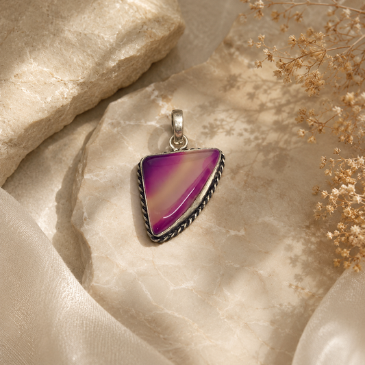Natural Pink Agate Slice Pendant, Silver Tone Boho Statement Jewelry PEN96-SLV-NSAG01