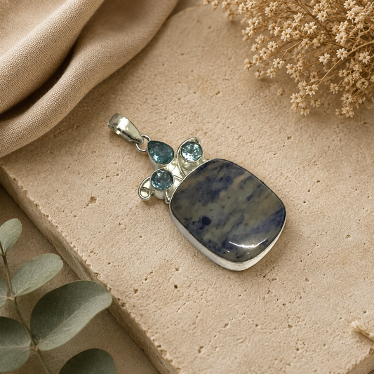 Lapis Lazuli London Blue Topaz Pendant Silver Boho Jewelry PEN97-SLV-NLLZ-LBT04