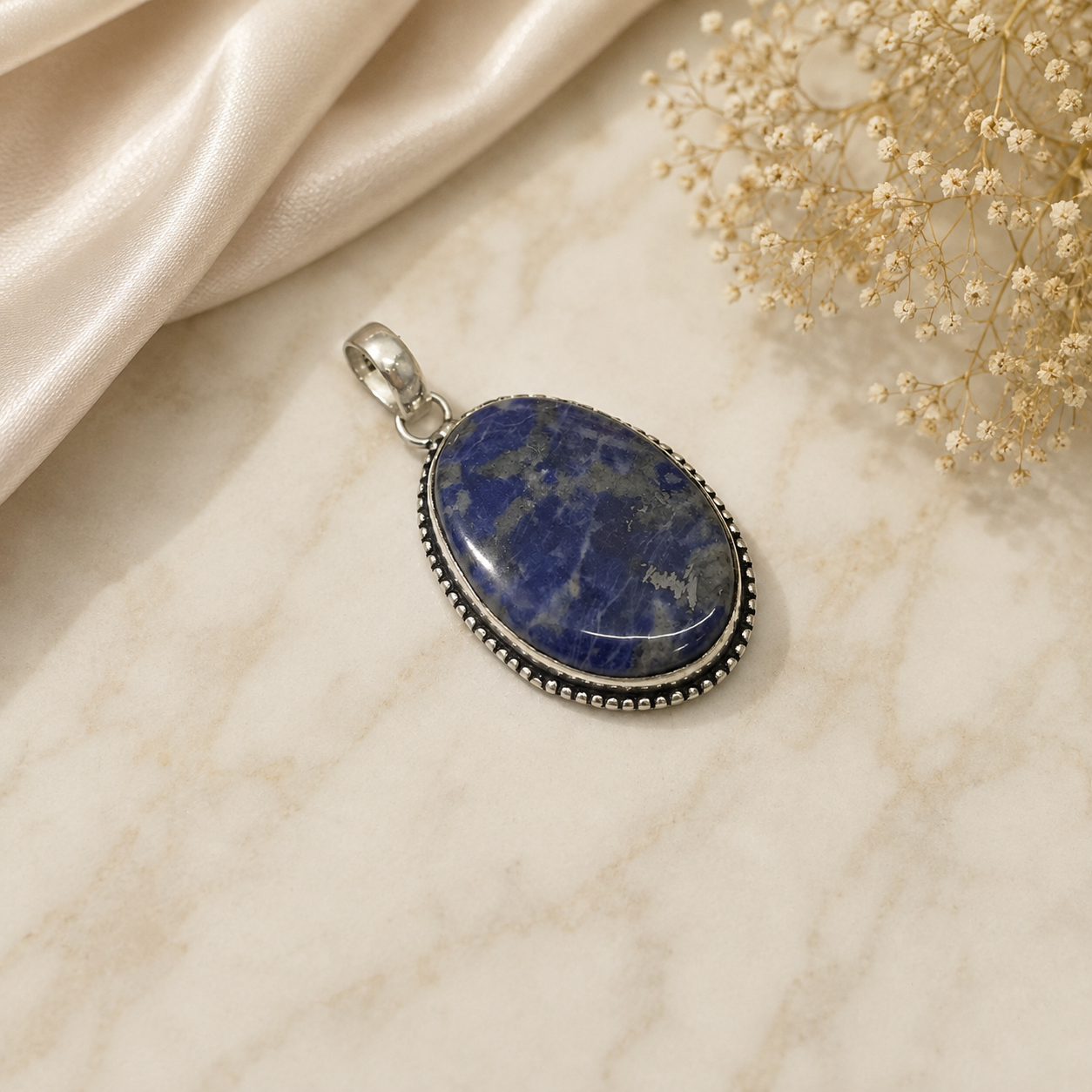 Natural Lapis Lazuli Oval Pendant Oxidized Silver Boho Jewelry PEN98-SLV-NLLZ01