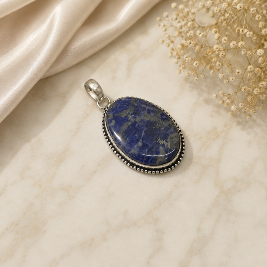 Natural Lapis Lazuli Oval Pendant Oxidized Silver Boho Jewelry PEN98-SLV-NLLZ01