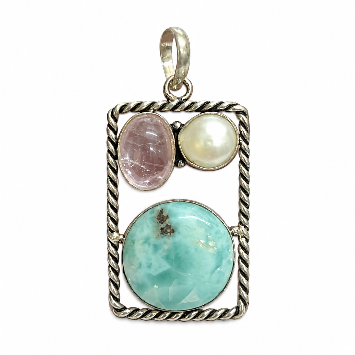 Larimar Pearl Pink Quartz Silver Pendant Boho Necklace PEN99-SLV-NMUL-NLAR03