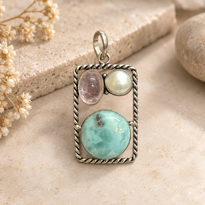 Larimar Pearl Pink Quartz Silver Pendant Boho Necklace PEN99-SLV-NMUL-NLAR03