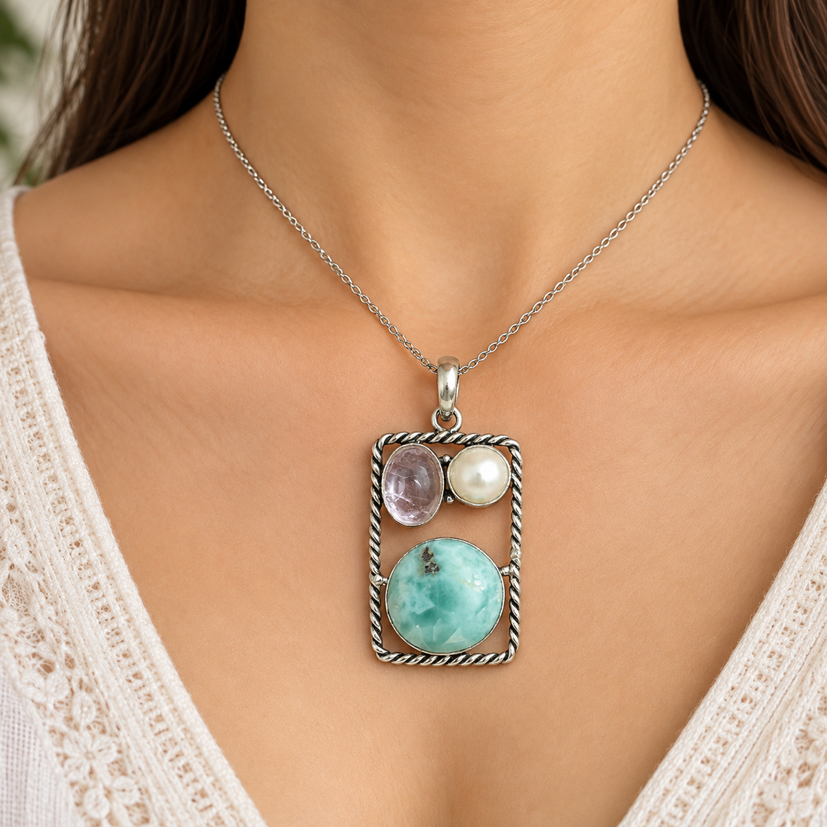Larimar Pearl Pink Quartz Silver Pendant Boho Necklace PEN99-SLV-NMUL-NLAR03