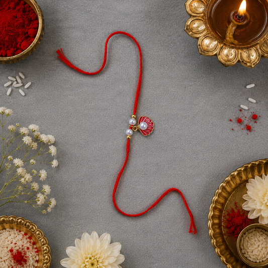 Gold Plated Red Shell Pearl Rakhi for Men Women Raksha Bandhan RB-320