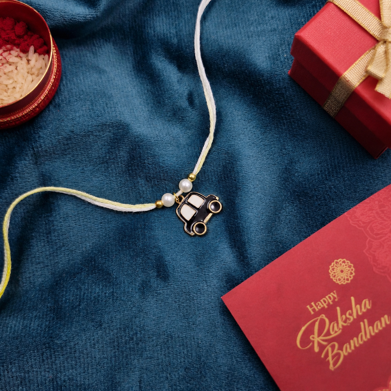 Gold Plated Car Charm Pearl Kids Rakhi for Raksha Bandhan Gift RB-322
