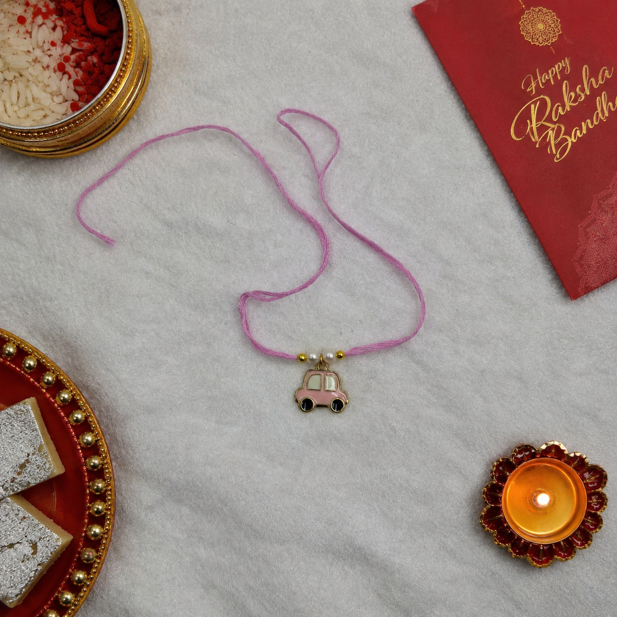 Gold Plated Pink Car Charm Kids Rakhi for Raksha Bandhan Gift RB-323