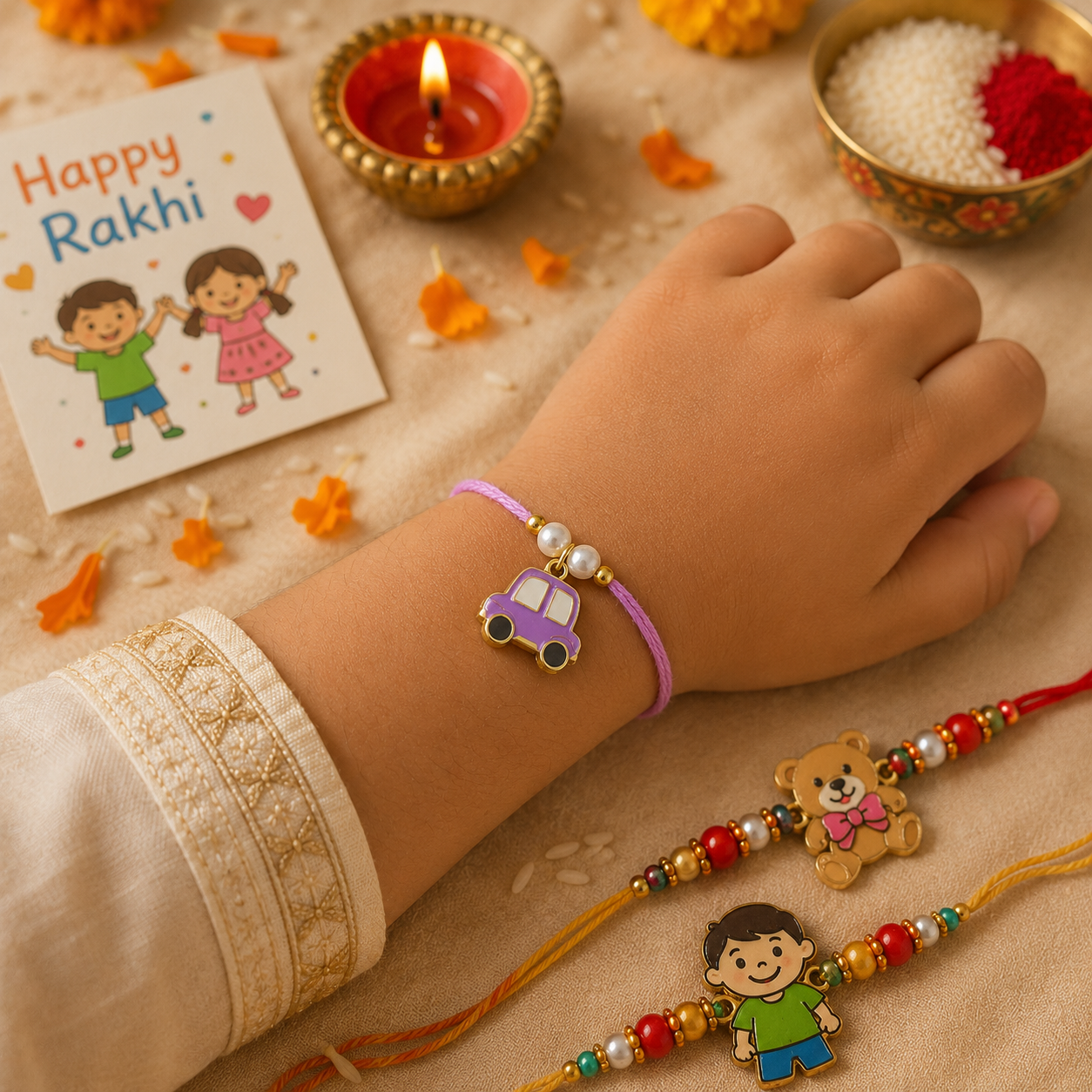 Gold Plated Purple Car Charm Kids Rakhi for Raksha Bandhan Gift RB-324
