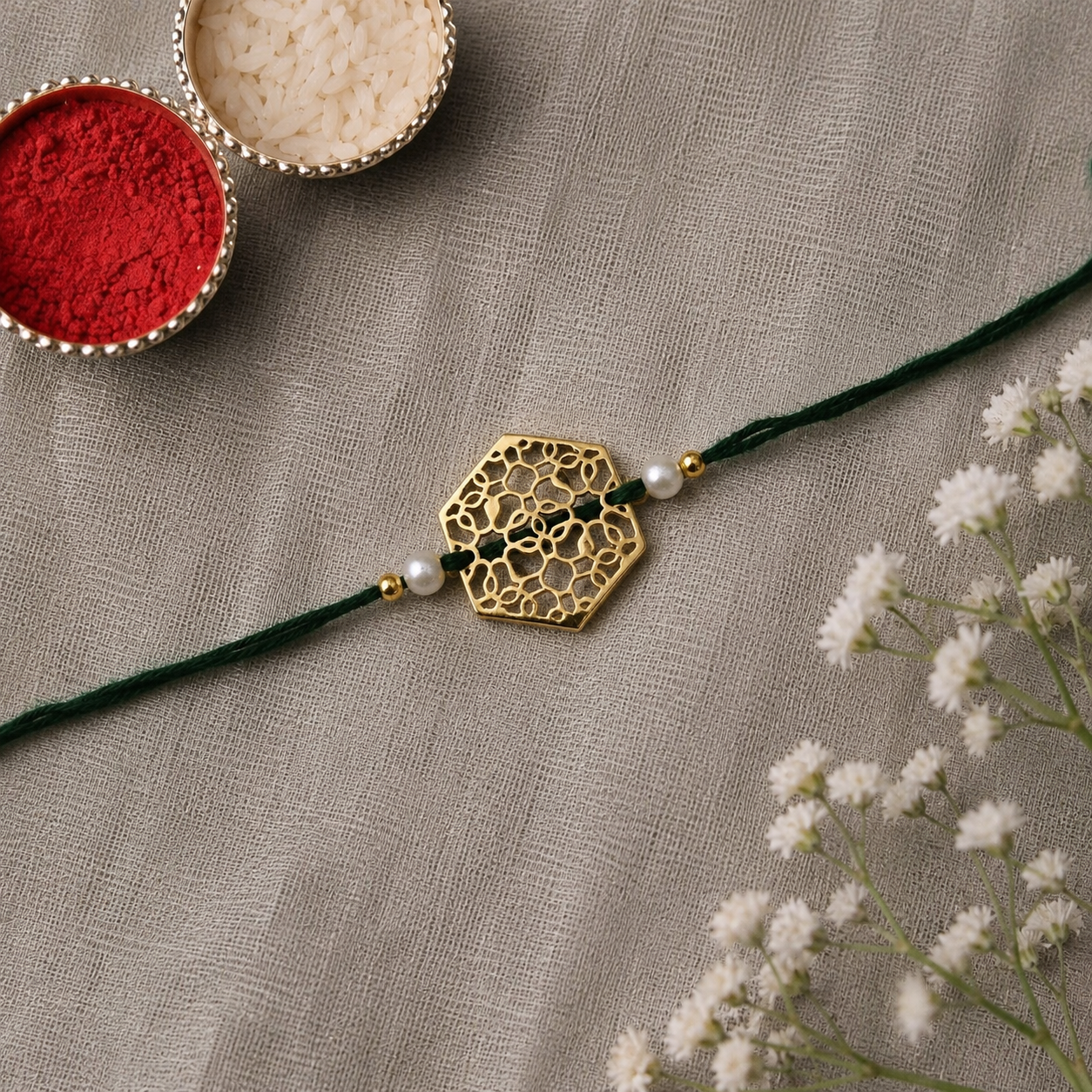 Gold Plated Geometric Pearl Rakhi for Men Women Raksha Bandhan RB-326