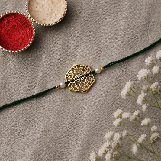 Gold Plated Geometric Pearl Rakhi for Men Women Raksha Bandhan RB-326