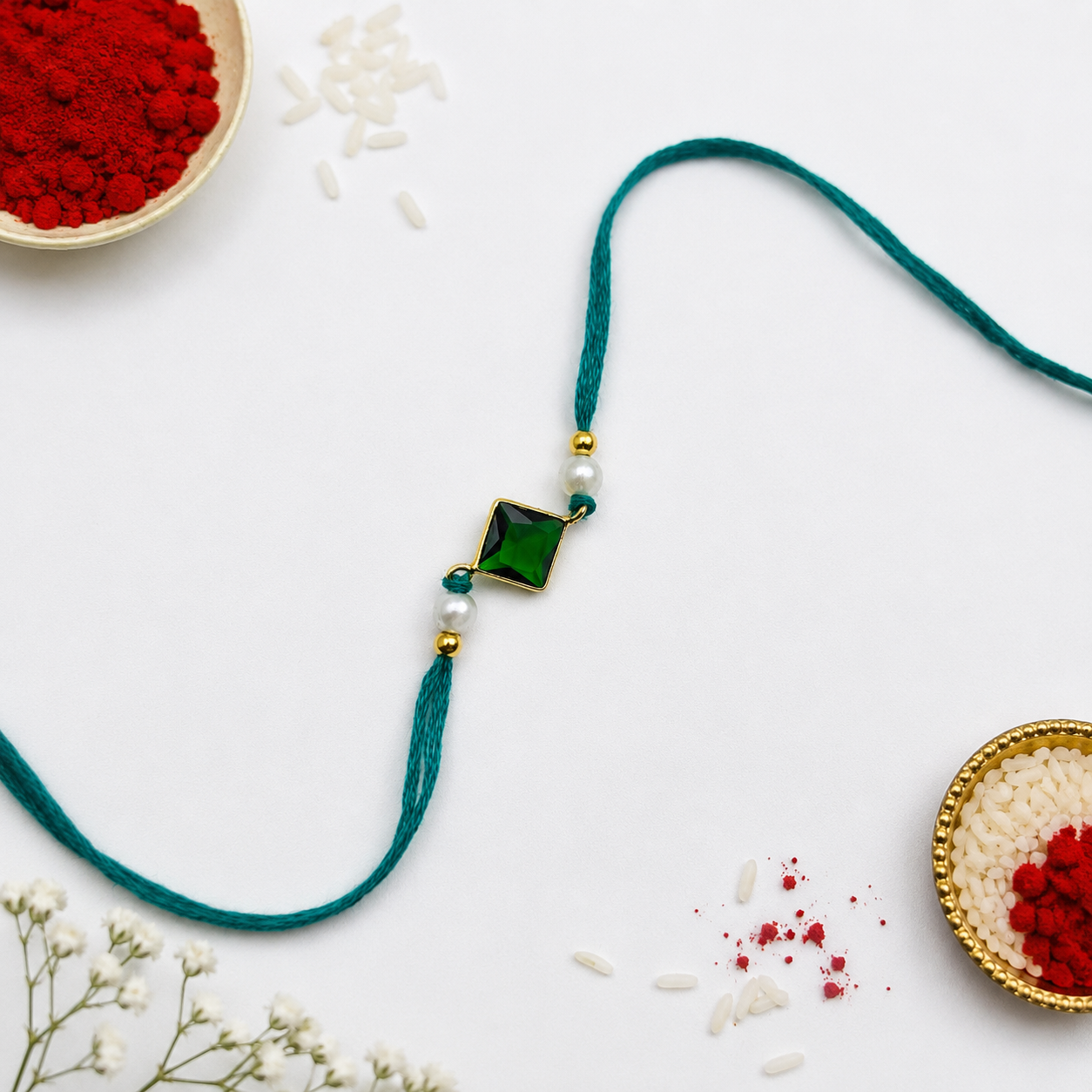 Gold Plated Green Crystal Pearl Rakhi for Men Women Raksha Bandhan RB-328