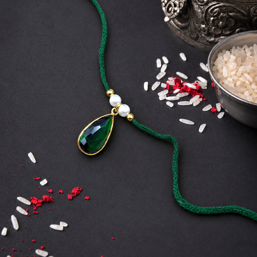 Gold Plated Green Teardrop Crystal Pearl Rakhi for Men Women Gift RB-329
