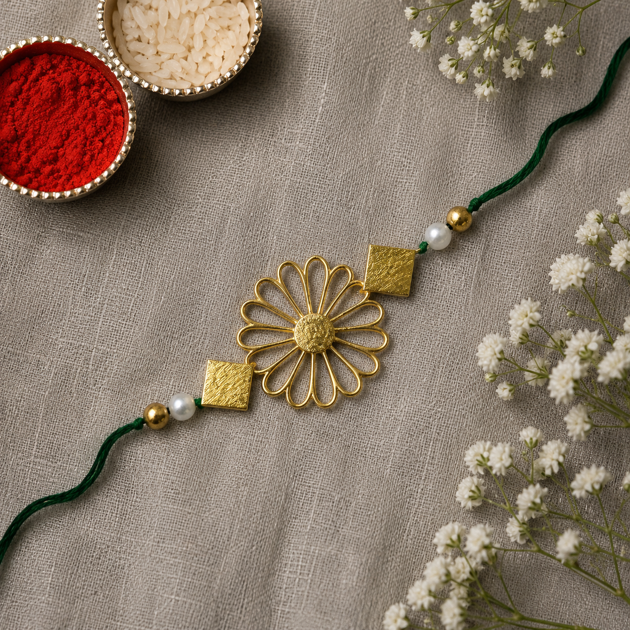 Gold Plated Floral Designer Pearl Rakhi for Men Women Raksha Bandhan RB-332