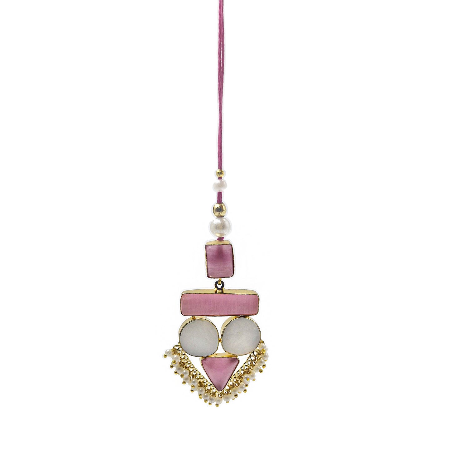 Gold Plated Pink Geometric Lumba Rakhi with Pearl Tassels for Women RB-334