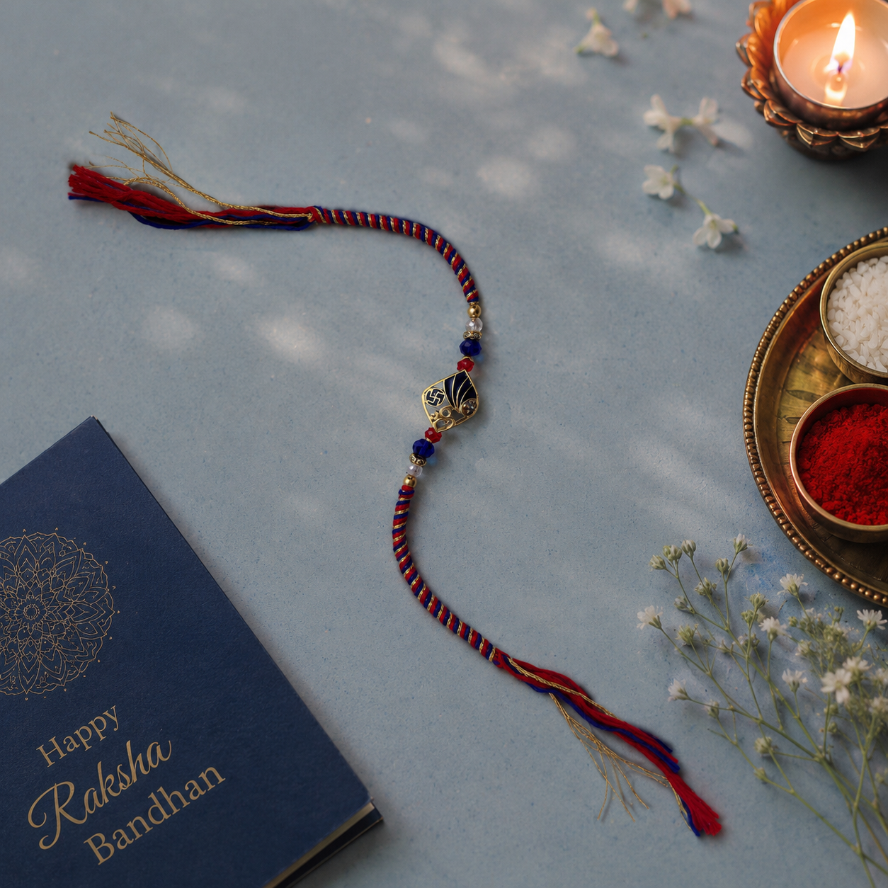 Gold Plated Om Swastik Evil Eye Rakhi with Blue Crystal for Men RB-336
