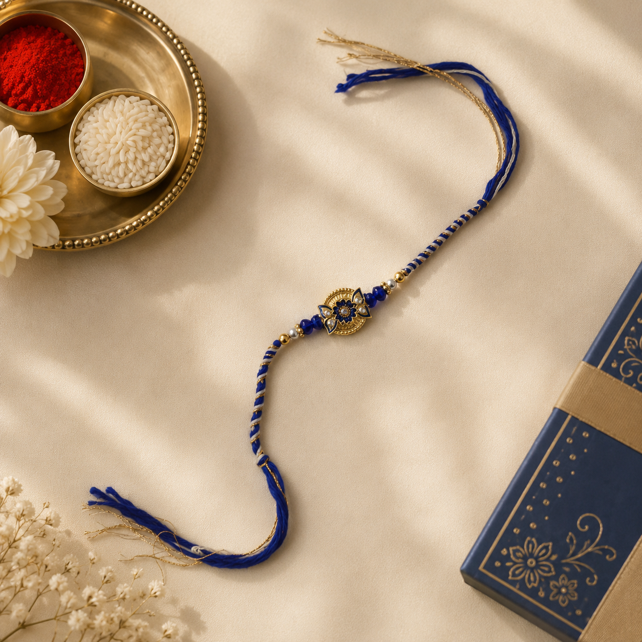 Gold Plated Blue Floral Evil Eye Rakhi Unisex Raksha Bandhan Gift RB-337
