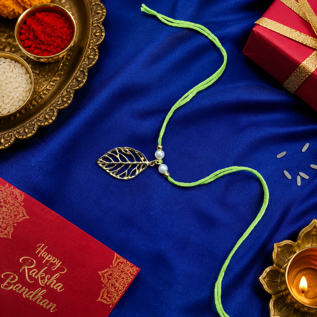 Gold Plated Nature Leaf Pearl Unisex Rakhi for Raksha Bandhan Gift RB-339