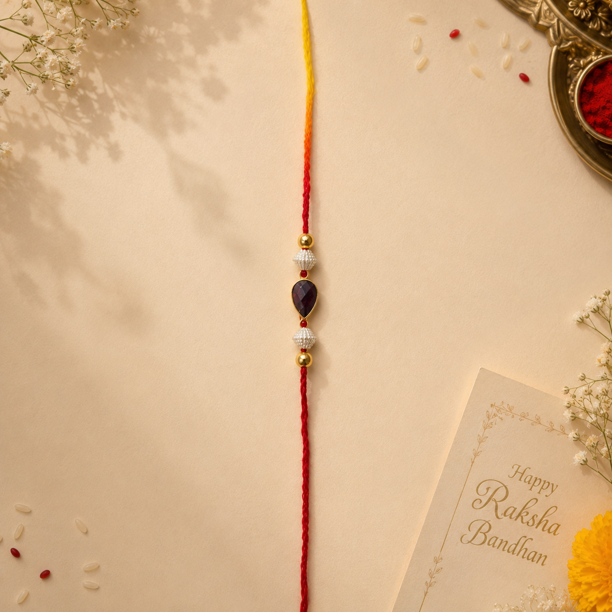 Red Yellow Thread Teardrop Gemstone Rakhi Bracelet for Brother Gift RB-343