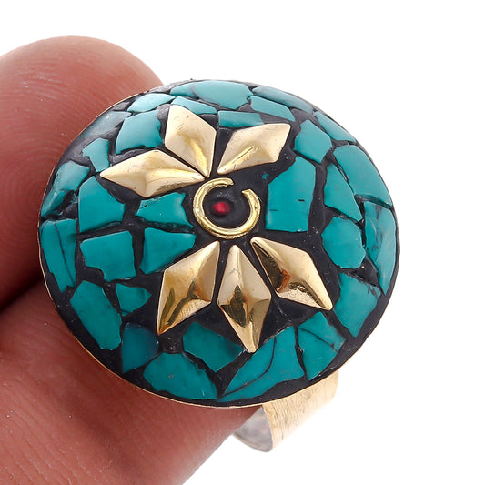Coral Turquoise Tibetan Gemstone Wedding Special Handmade Ring Adjustable RIN-3957