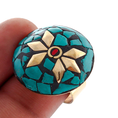 Coral Turquoise Tibetan Gemstone Wedding Special Handmade Ring Adjustable RIN-3957