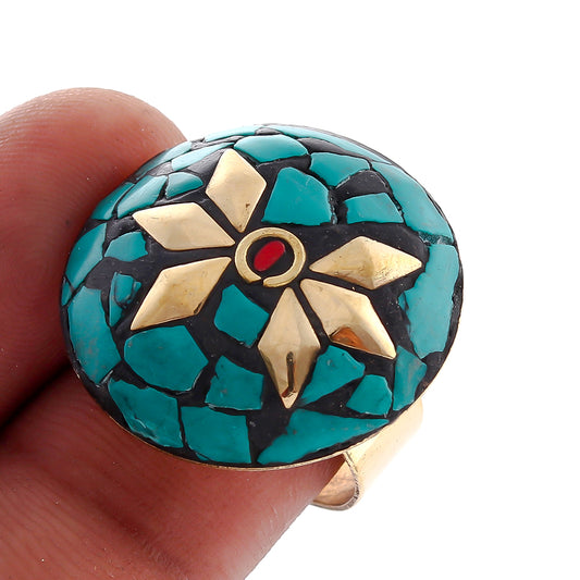 Coral Turquoise Tibetan Gemstone Wedding Special Handmade Ring Adjustable RIN-3957