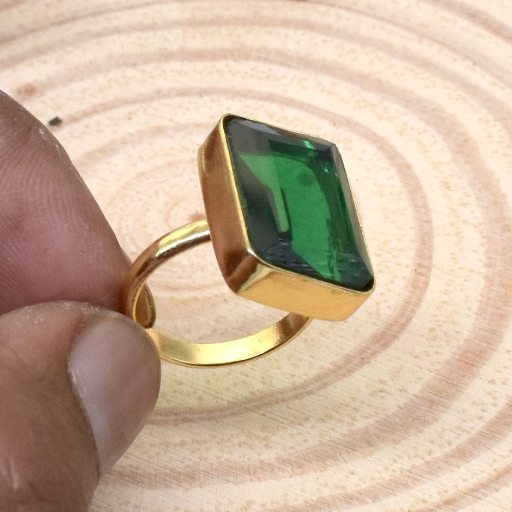 Chrome Diopside Gold Plated Ring Adjustable Rectangular Green Birthstone RIN-5364