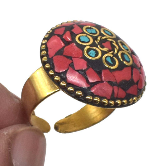 Red Coral Gemstone Tibetan Fashion Jewelry Adjustable Ring RIN-5789