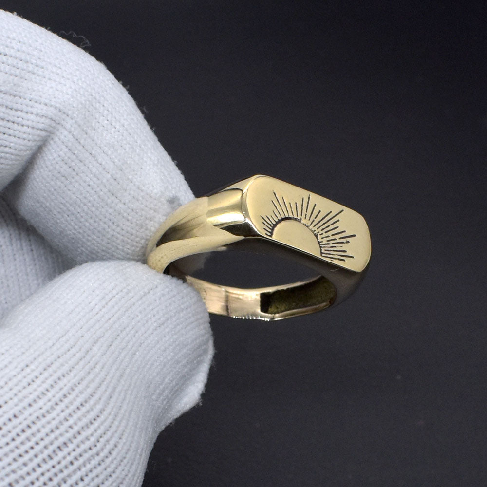 Gold Signet Sun Ring Brass Engraved Lover Gift Jewelry Men's Ring US 8 RIN-6583