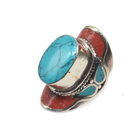 Elegant Turquoise Red Coral Ring Handmade Tibetan Jewelry Ring US 9.5 RIN-6737