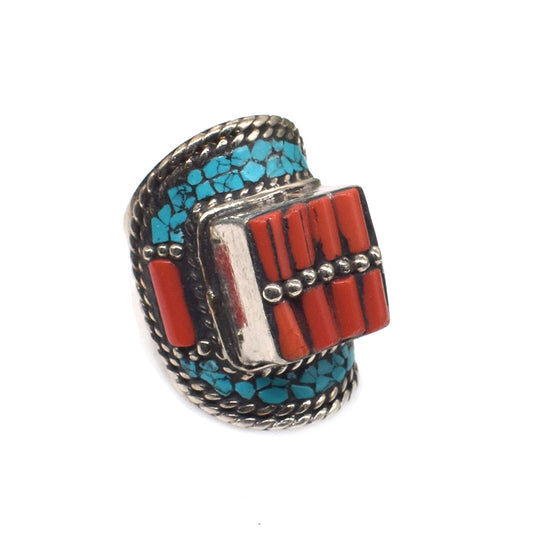 Stunning Turquoise Red Coral Ring Birthstone Tibetan Jewelry Ring US 11 RIN-6738