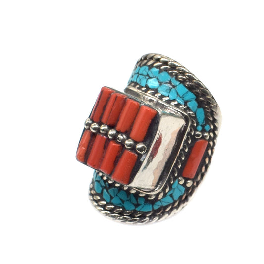 Stunning Turquoise Red Coral Ring Birthstone Tibetan Jewelry Ring US 11 RIN-6738