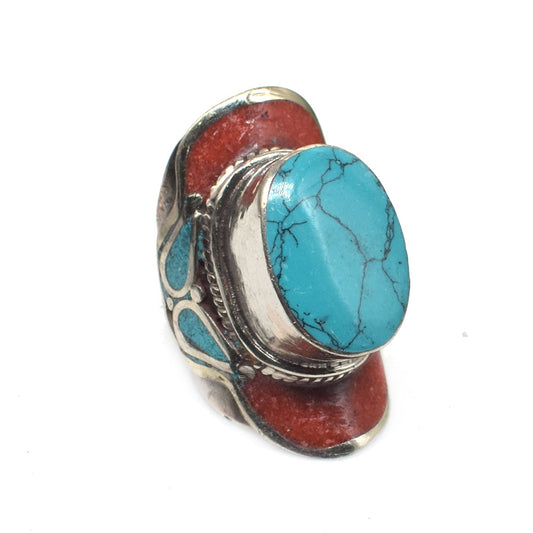 Elegant Red Coral Turquoise Ring Handmade Tibetan Jewelry Ring US 8.5 RIN-6740