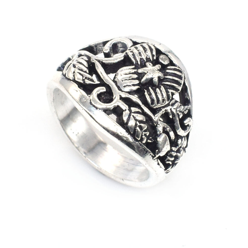Oxidized Silver Ring Floral Engraved Band Boho Statement Jewelry RIN-6894