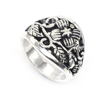Oxidized Silver Ring Floral Engraved Band Boho Statement Jewelry RIN-6894