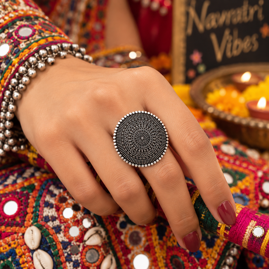 Oxidized Silver Round Ring Textured Dot Pattern Boho Statement Jewelry RIN-6926