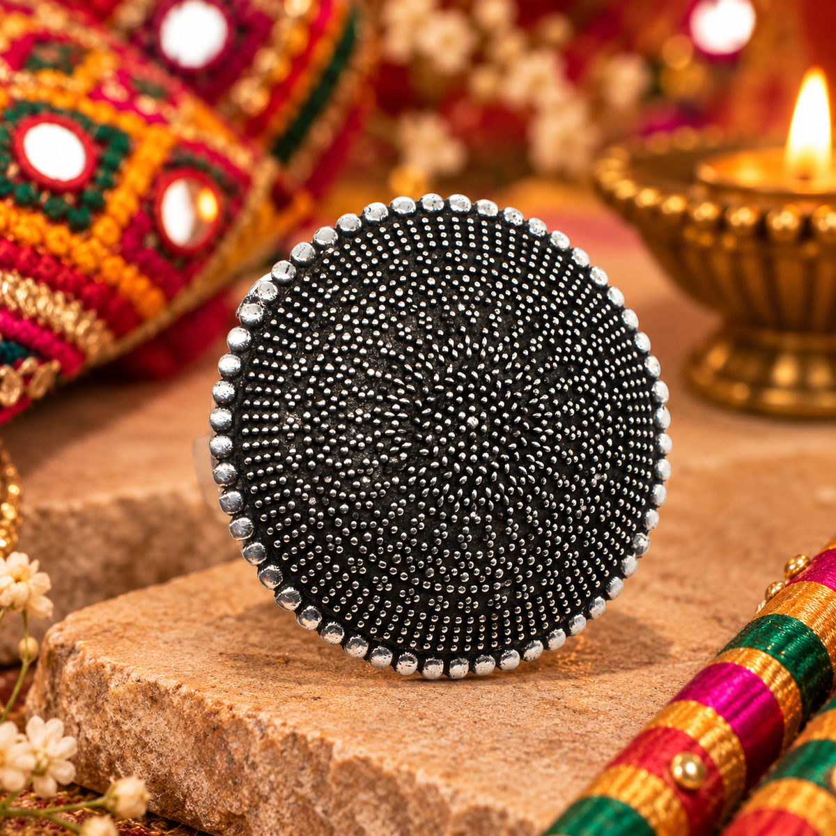 Oxidized Silver Round Ring Textured Dot Pattern Boho Statement Jewelry RIN-6926