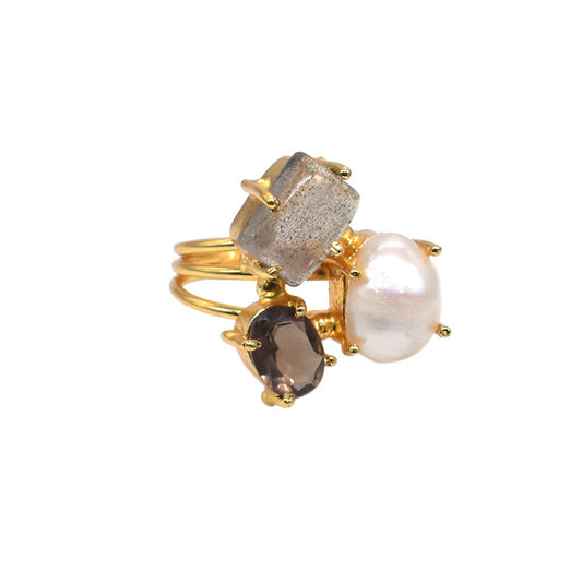 Stunning Labradorite Ring Gold Plated Jewelry Three Stone Adjustable Ring RIN-7012