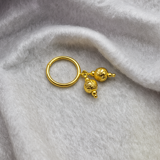 Gold Dangle Charm Ring Unique Dual Hanging Bead Design Statement Jewelry