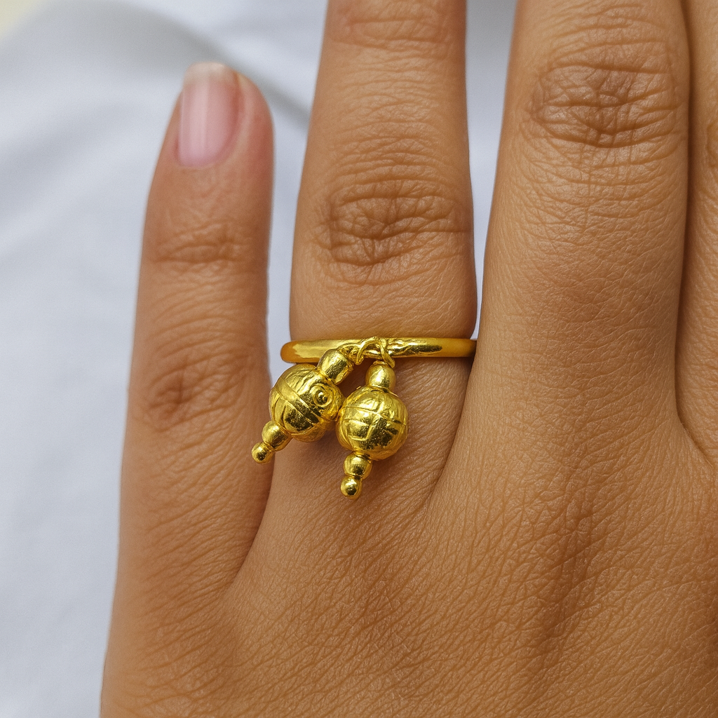 Gold Dangle Charm Ring Unique Dual Hanging Bead Design Statement Jewelry