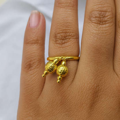 Gold Dangle Charm Ring Unique Dual Hanging Bead Design Statement Jewelry