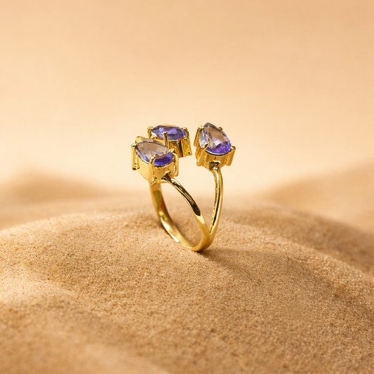 Gold Triple Stone Design Ring Elegant Minimal Statement Open Band