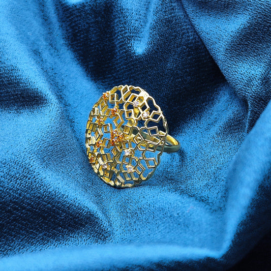 Gold Geometric Mesh Statement Ring Intricate Openwork Cocktail Ring RIN25-GLD