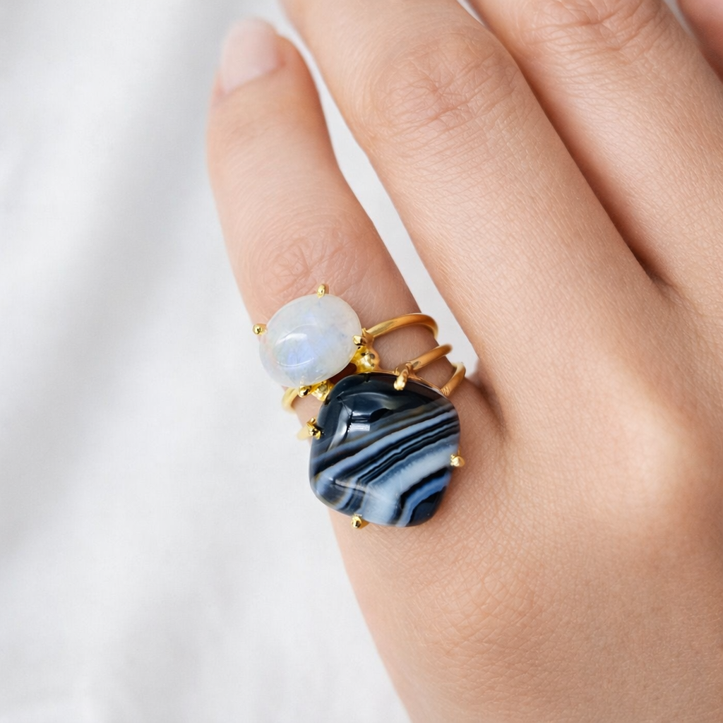 Gold Dual Stone Statement Ring Layered Designer Open Ring Bold Modern Ring RIN27-GLD