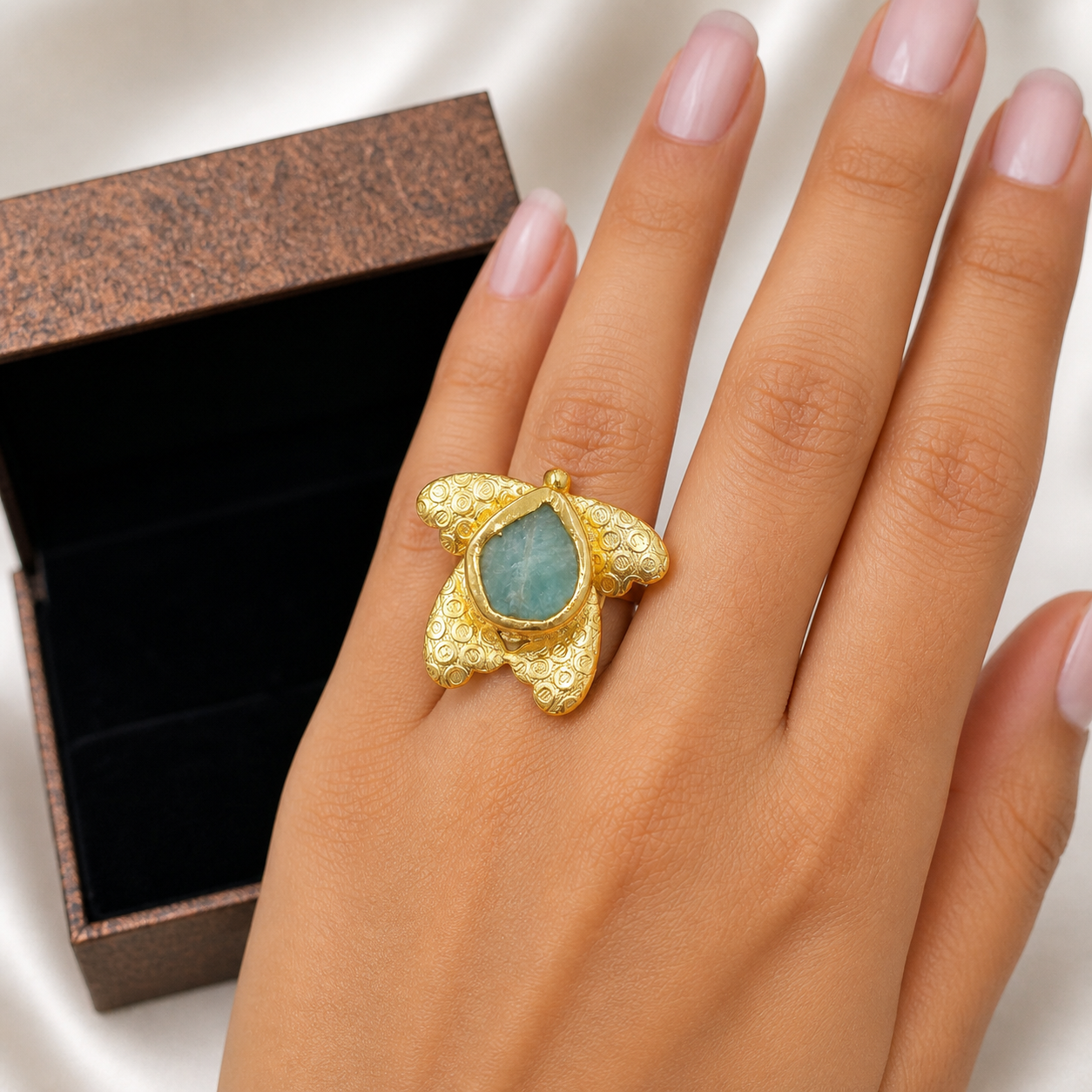 Boho Gold Plated Floral Statement Ring Adjustable Artisan Ring RIN30-GLD