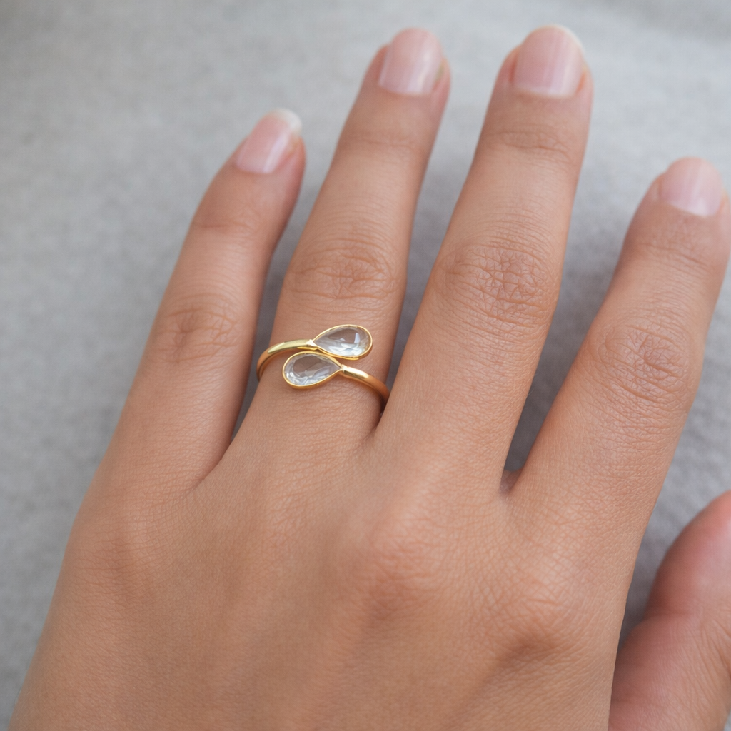 Gold Plated Adjustable Double Teardrop Ring for Women RIN41-GLD