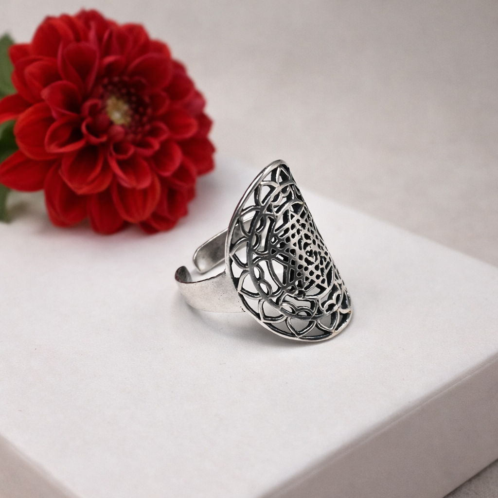 Silver Plated Brass Sacred Geometry Adjustable Statement Ring RIN45-PLN