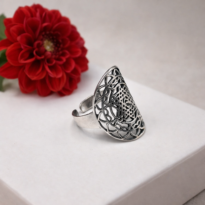 Silver Plated Brass Sacred Geometry Adjustable Statement Ring RIN45-PLN