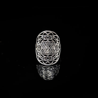 Silver Plated Brass Sacred Geometry Adjustable Statement Ring RIN45-PLN