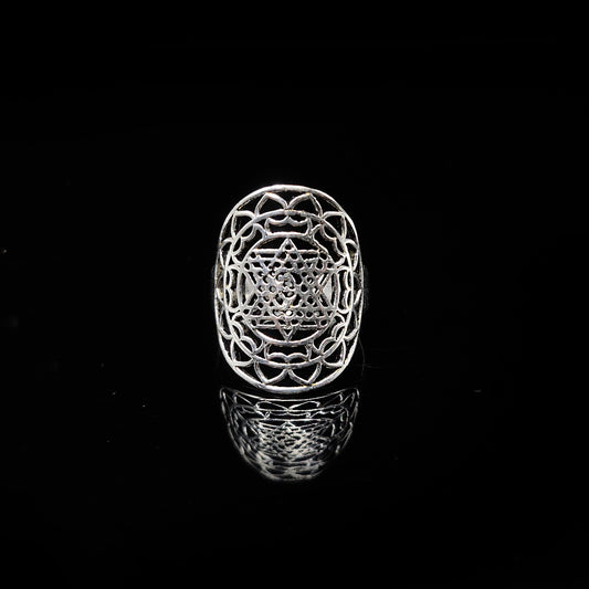 Silver Plated Brass Sacred Geometry Adjustable Statement Ring RIN45-PLN