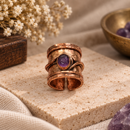 Amethyst Copper Cuff Ring Wide Hammered Boho Statement Adjustable Band RIN49-CPR-NAMT01